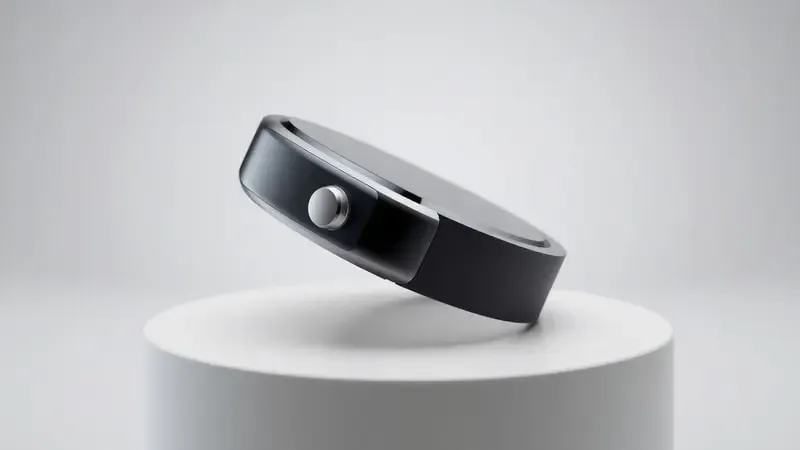Close-up conceitual em 3D dos detalhes de design de um smartwatch moderno com perfil elegante e botões metálicos