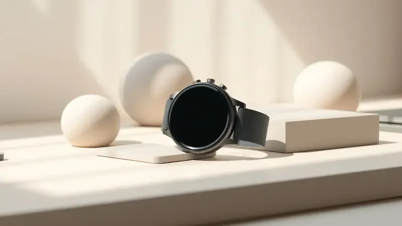 Smartwatch em mesa minimalista com acessórios geométricos abstratos, sugerindo integração de estilo de vida, produtividade e bem-estar.