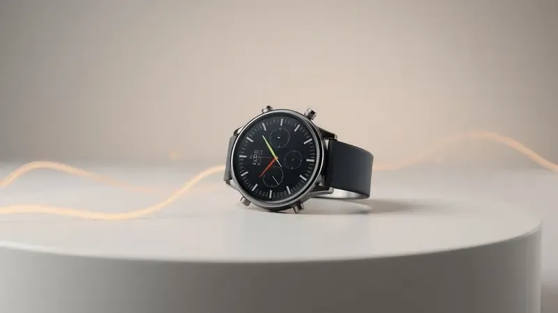 Renderização 3D de smartwatch genérico em ambiente minimalista com elementos abstratos representando produtividade e notificações.