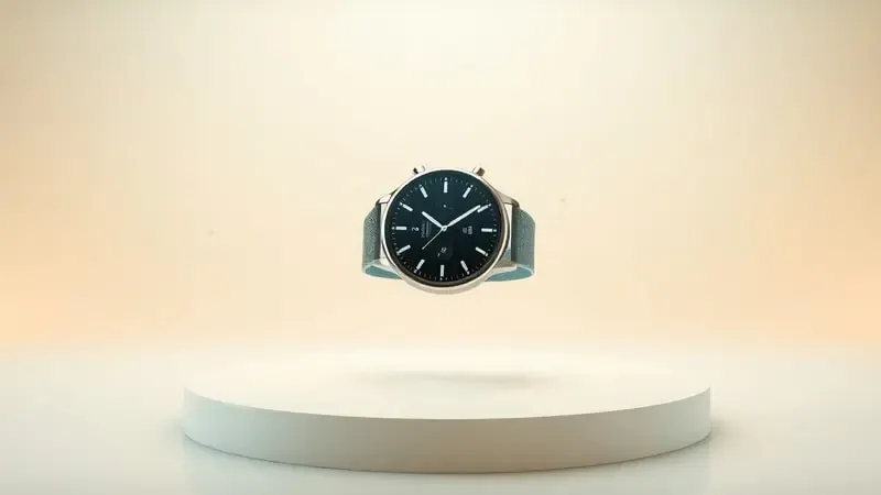 Smartwatch flutuando sobre pedestal com partículas energéticas em verde-menta e dourado simbolizando desempenho otimizado após reinício.