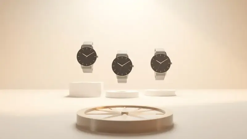 Renderização 3D conceitual de silhuetas abstratas de smartwatches flutuando representando escolha e comparação.