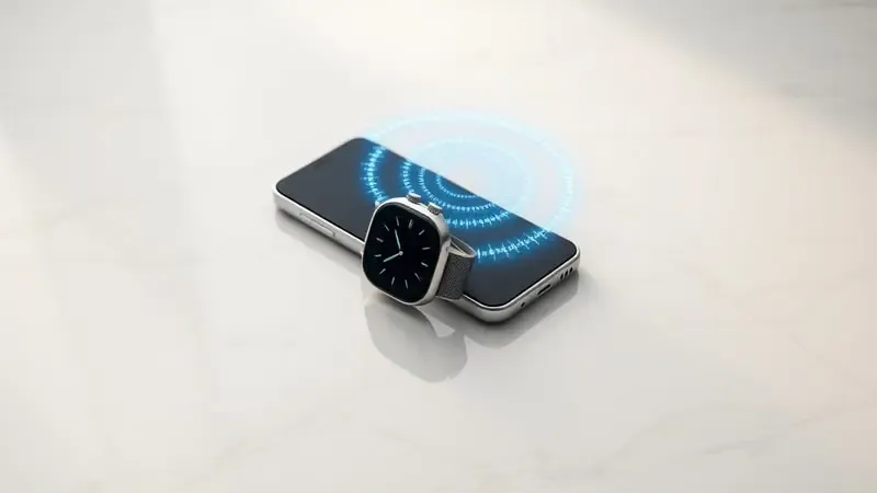 Renderização 3D de smartwatch e smartphone alinhados com espiral de luz azul simbolizando conexão otimizada e estável.