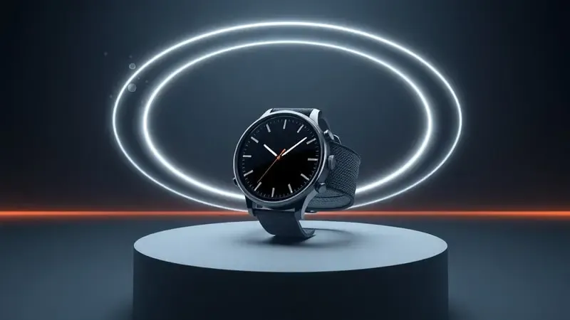Renderização 3D de smartwatch em pedestal geométrico com anéis de luz orbital representando otimização e máximo aproveitamento do eSIM.