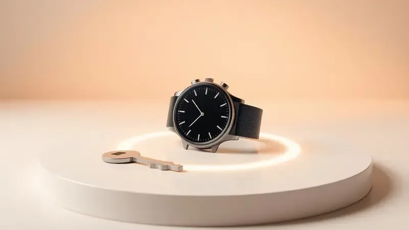 Smartwatch com anel protetor de luz e chave minimalista ao lado em superfície neutra, simbolizando prevenção e hábito de verificação.