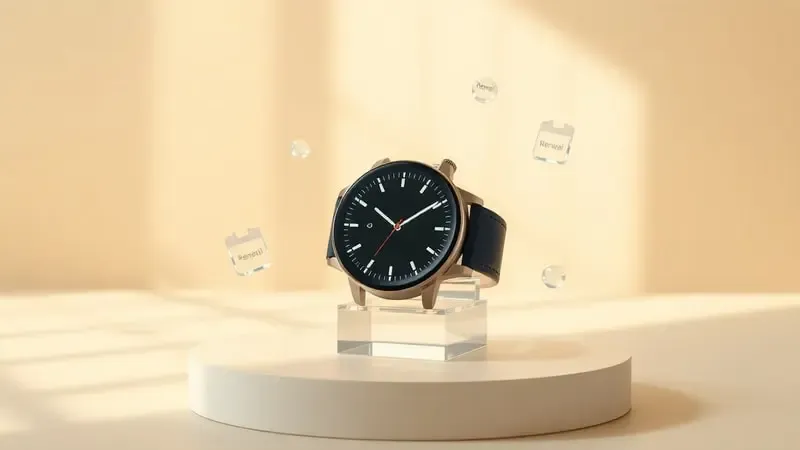 Renderização 3D de smartwatch em suporte minimalista banhado por luz solar com elementos abstratos flutuantes simbolizando manutenção e cuidados contínuos com o dispositivo.