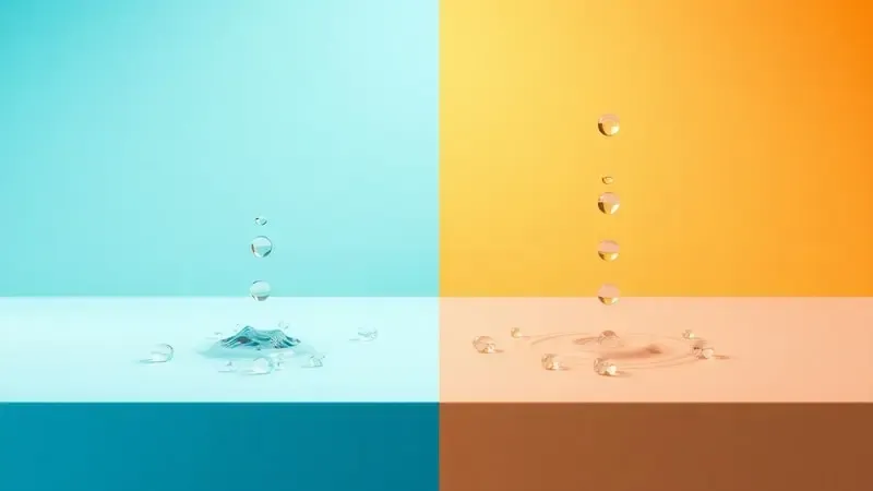 Render 3D conceitual comparando superfície resistente à água com gotas deslizando versus superfície com infiltração de água