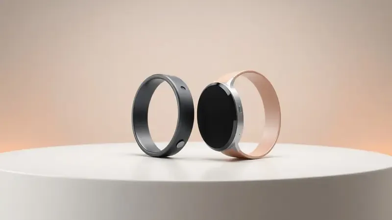 Comparação visual entre formatos de smartwatch redondo e smartband em renderização 3D limpa e profissional.