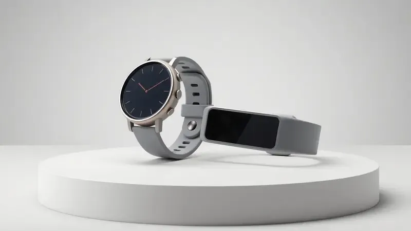 Comparação visual entre smartwatch e smartband em renderização 3D destacando diferenças de design e funcionalidades