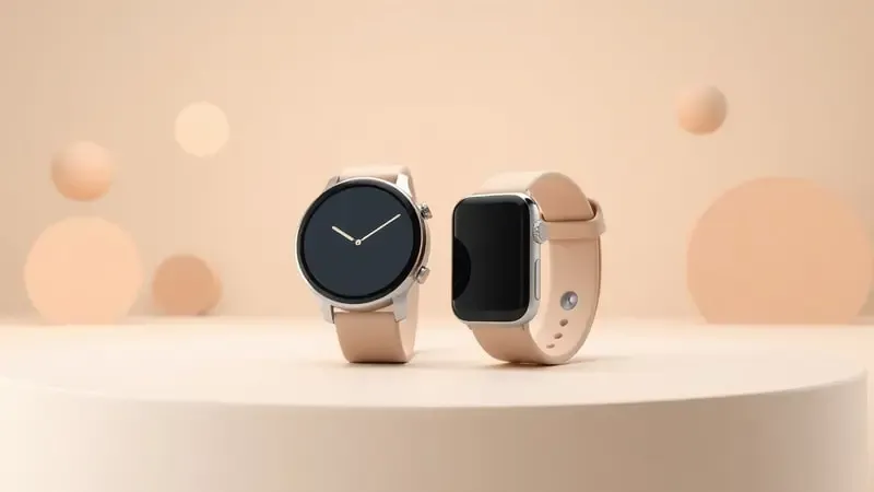 Comparação conceitual 3D entre smartwatch e smartband lado a lado, destacando diferenças de formato, tela e design.
