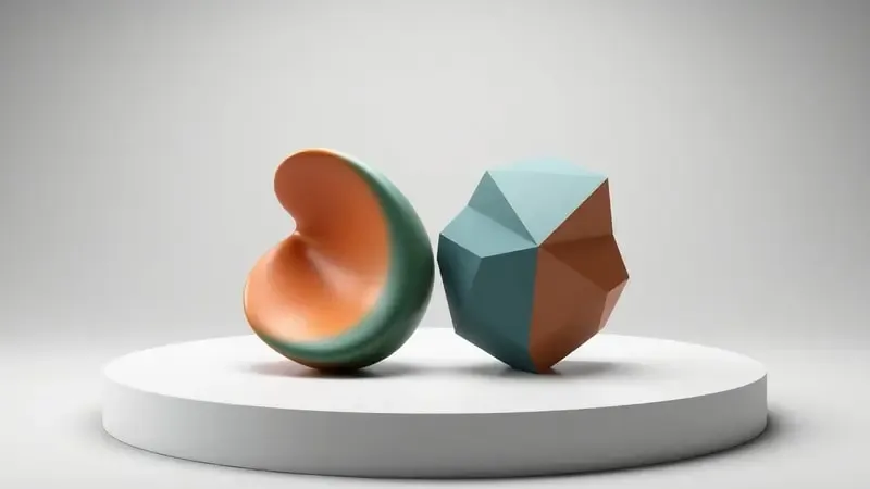 Conceito 3D abstrato comparando as diferenças gramaticais entre qual e que com duas formas esculturais contrastantes.