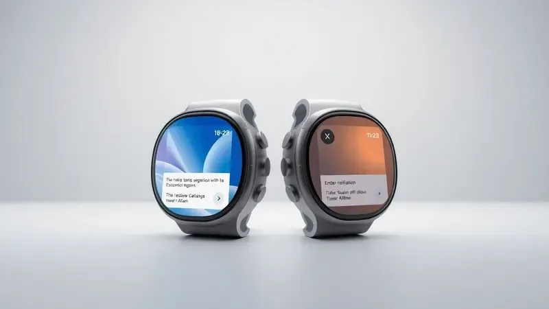 Comparação conceitual entre interfaces de notificação Wear OS e Tizen em renderização 3D minimalista com iluminação difusa profissional.