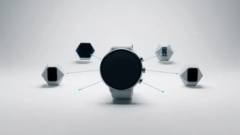 Render 3D de dispositivos abstratos conectados por Bluetooth a um smartwatch Wear OS em composição minimalista