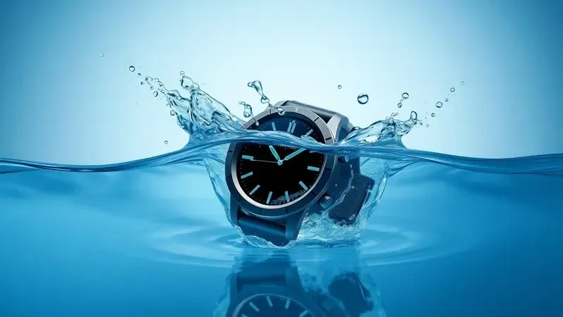 Renderização 3D de smartwatch resistente à água ilustrando durabilidade e proteção do dispositivo