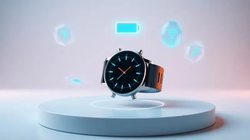Renderização 3D conceitual de smartwatch com elementos visuais de bateria duradoura e conectividade sem fio