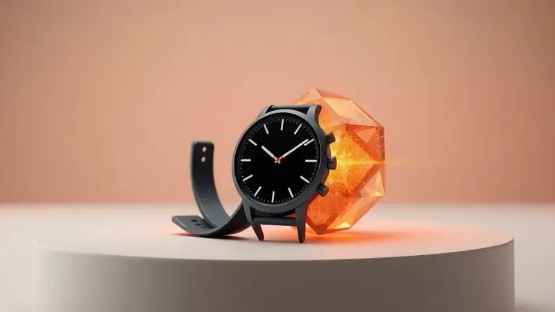 Conceito 3D de smartwatch com núcleo de energia geométrico abstrato representando duração de bateria e eficiência energética.
