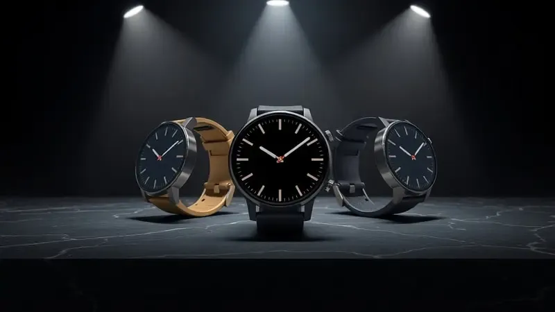 Composição triangular 3D de três smartwatches premium com acabamentos distintos em mármore escuro representando elite de performance