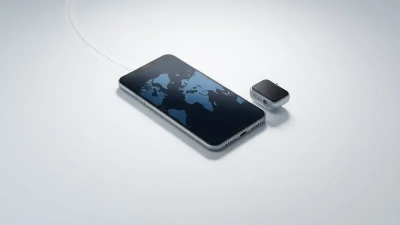 Smartphone e smartwatch conectados por linha luminosa pontilhada em superfície limpa, representando rastreamento de dispositivo perdido.