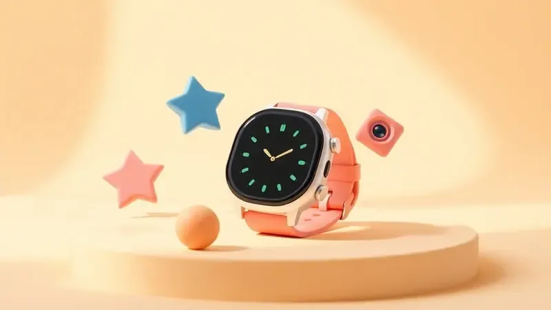 Renderização 3D de smartwatch infantil com formas lúdicas flutuantes representando jogos câmera e recursos de entretenimento.