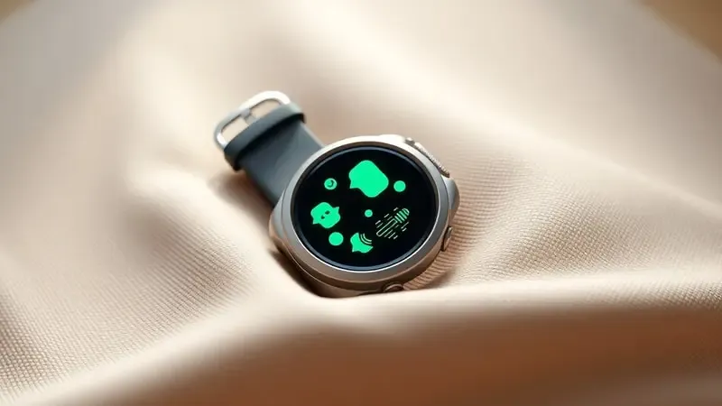Renderização 3D de smartwatch exibindo interface conceitual de mensagens e comunicação por voz com design minimalista.