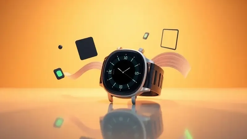 Renderização 3D de smartwatch com ondas sonoras e formas geométricas representando envio de mensagens multimídia