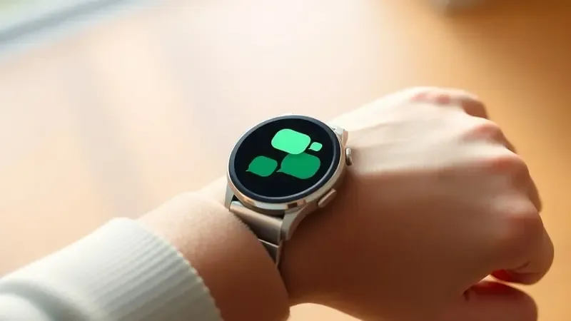 Envio de mensagens de texto pelo WhatsApp em smartwatch Wear OS mostrado com bolhas de chat estilizadas em render 3D.