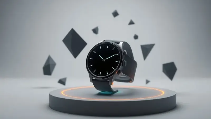 Renderização 3D conceitual de smartwatch com brilho âmbar sutil e formas geométricas fragmentadas suspensas representando erros e soluções de atualização.