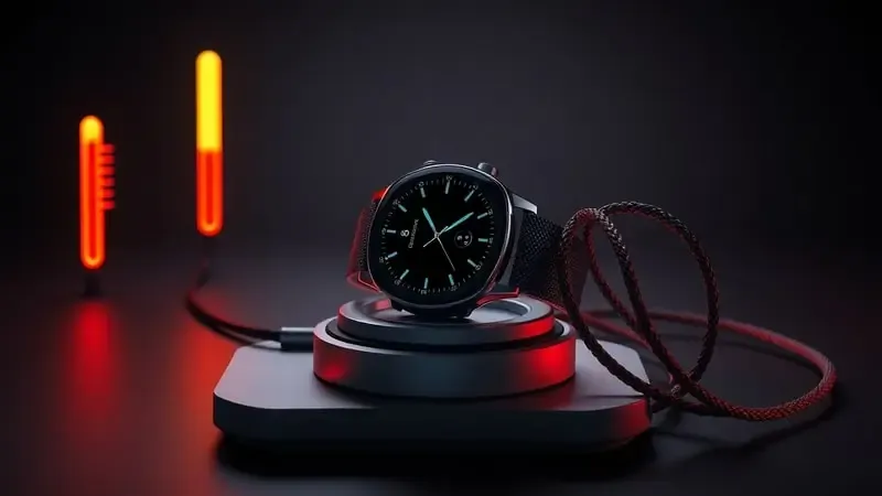 Render 3D conceitual de smartwatch no carregador com sinais visuais de alerta como termômetro elevado e cabo danificado