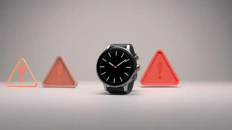 Render 3D conceitual ilustrando alertas visuais sobre erros comuns na compra de smartwatch.