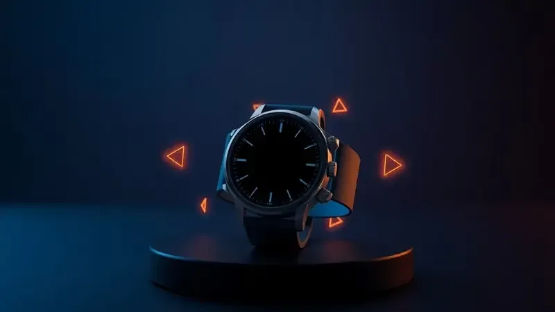 Renderização 3D de smartwatch com indicadores abstratos de alerta iluminados representando erros e soluções do WhatsApp