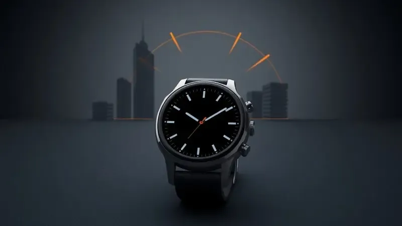 Render 3D de smartwatch com sinal GPS fragmentado cercado por obstáculos abstratos representando interferência