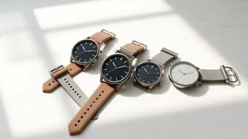 Composição 3D conceitual com pulseiras intercambiáveis e mostradores minimalistas sobre superfície de mármore representando escolha e personalização