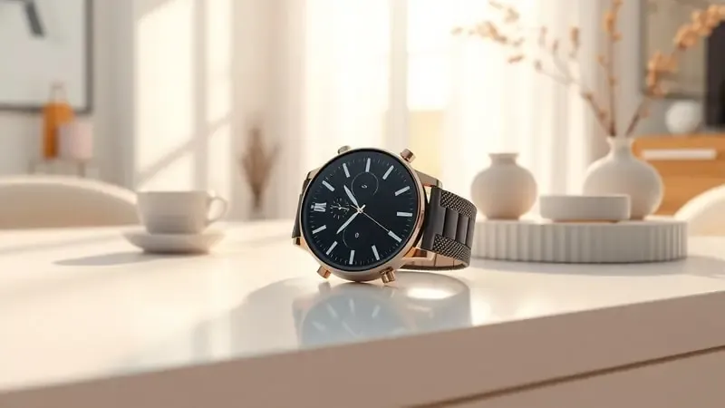 Renderização 3D conceitual de smartwatch em ambiente lifestyle moderno e sofisticado.