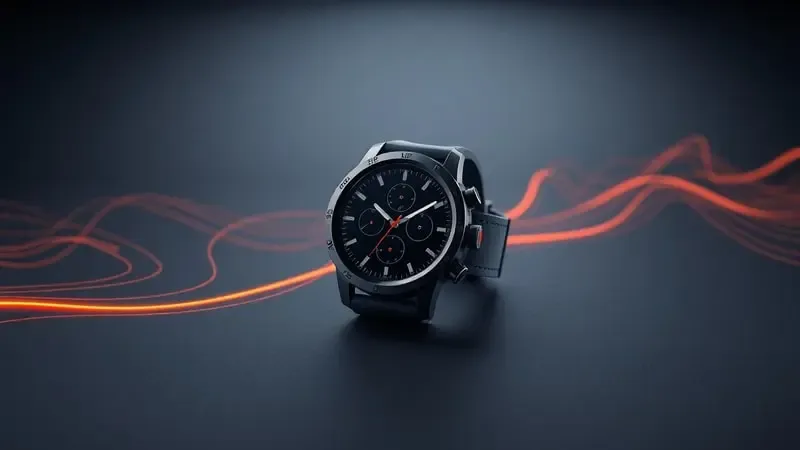 Render 3D de smartwatch esportivo com linhas topográficas abstratas e trilhas de movimento em composição dinâmica e energética.