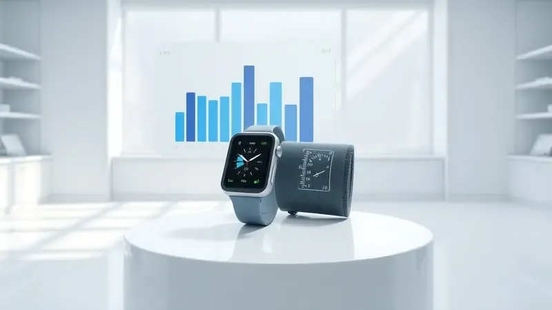 Visualização conceitual 3D comparando smartwatch e medidor tradicional de pressão em ambiente científico com gráficos abstratos de precisão.
