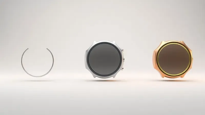Evolução conceitual do smartwatch em três estágios representados por formas abstratas metálicas flutuando em fundo neutro com reflexos suaves.