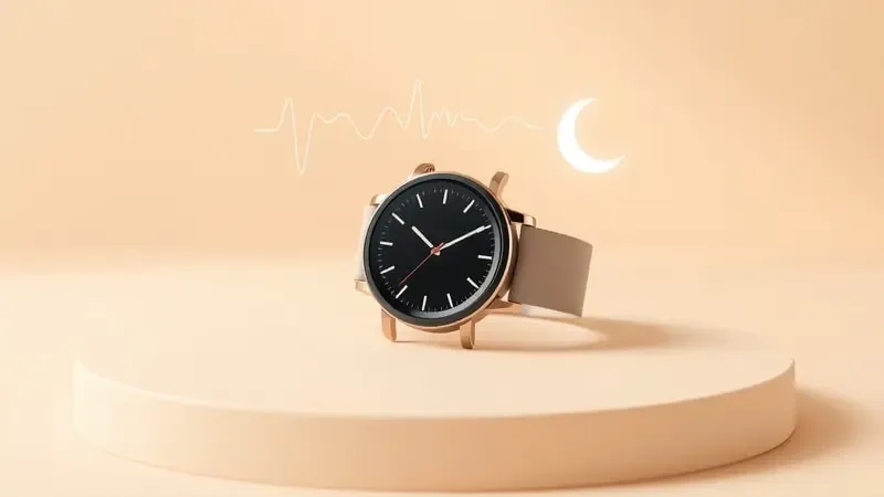 Renderização 3D de smartwatch com visualizações abstratas de batimentos cardíacos e atividade física em composição clean.