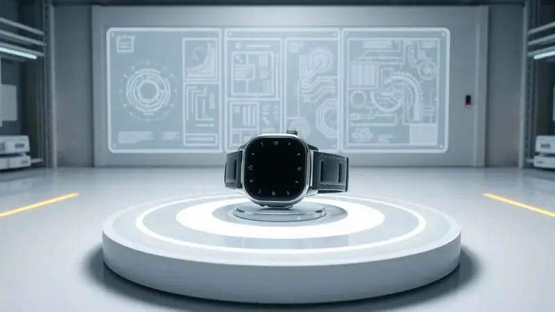 Renderização 3D de protótipo de smartwatch sem marca em ambiente de fabricação futurista com hologramas de controle de qualidade