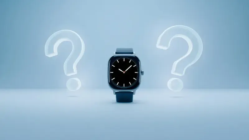 Cena conceitual 3D minimalista de smartwatch com formas abstratas representando perguntas frequentes