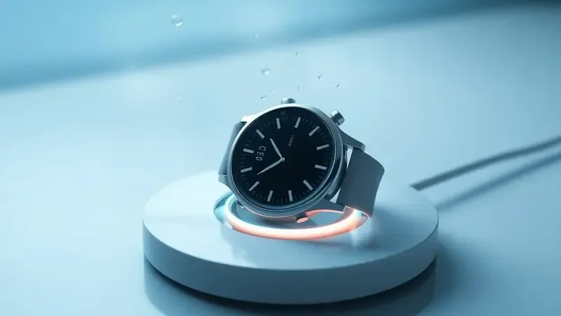 Fatores ambientais como umidade e poeira afetando contatos de carregamento de smartwatch em render 3D