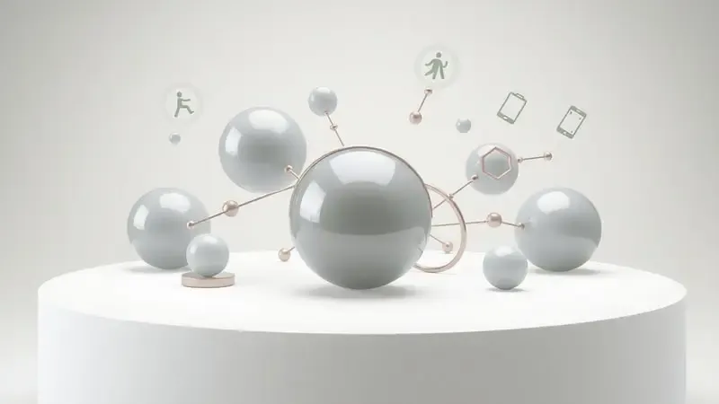 Composição 3D conceitual com formas geométricas abstratas representando fatores a considerar ao comprar um smartwatch.