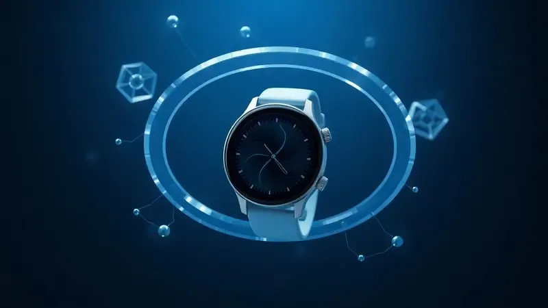 Smartwatch em render 3D conceitual cercado por elementos geométricos flutuantes representando especificações técnicas