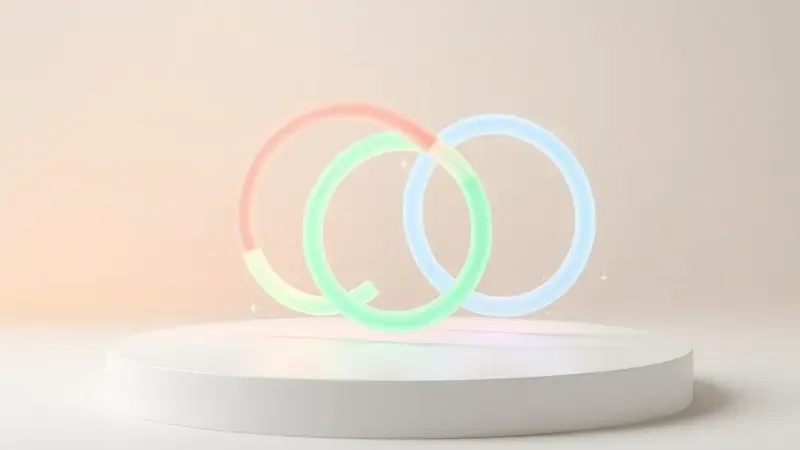 Anéis de atividade física em composição 3D abstrata com iluminação suave e tons energéticos equilibrados.