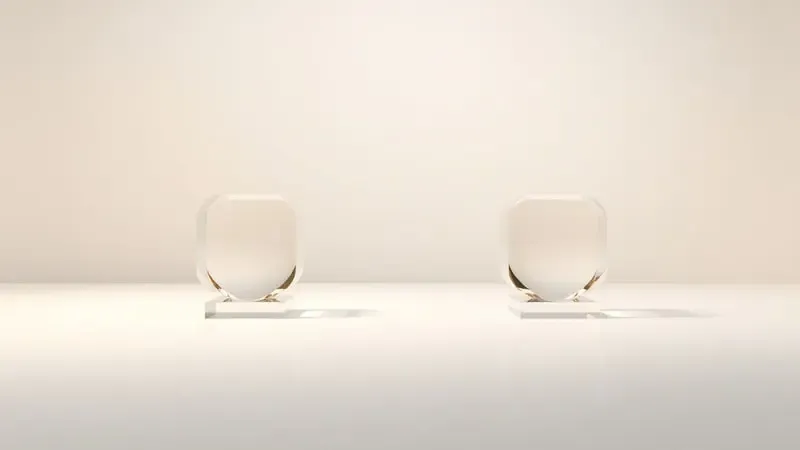 Render 3D conceitual com quatro formas geométricas representando as flexões de gênero e número da palavra qual em disposição equilibrada.