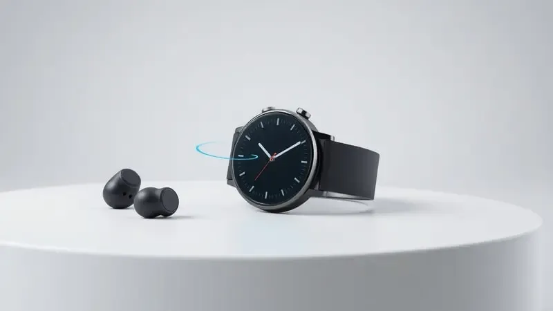 Render 3D de fones de ouvido bluetooth e smartwatch com arco de conexão representando pareamento sem fio