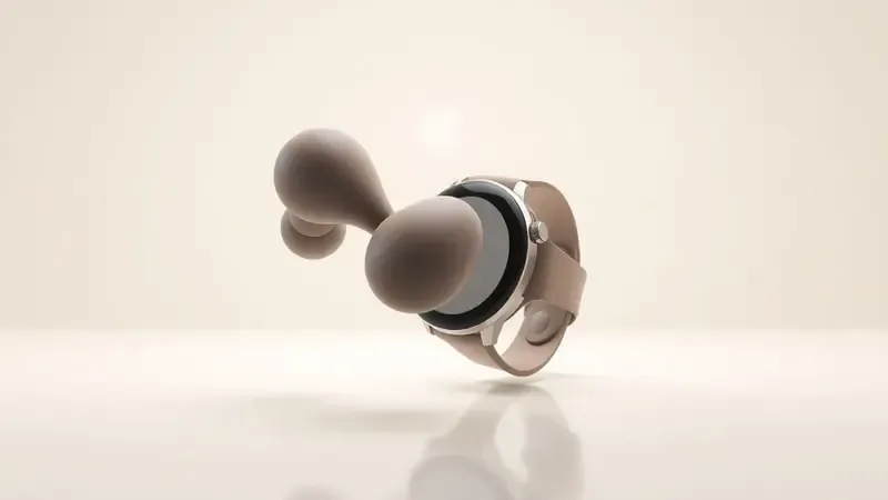 Render 3D de fones de ouvido Bluetooth pareando com smartwatch Wear OS em cenário clean de estúdio