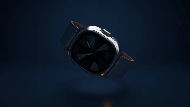 Smartwatch congelado no ar com tela fragmentada e luz laranja pulsante nos botões representando reinicialização forçada em 3D.