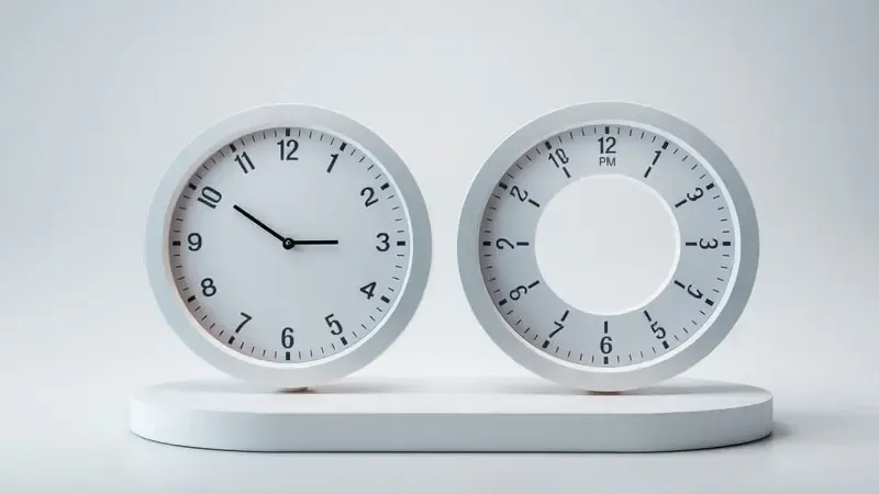 Conceito 3D de mostrador com formato de hora 12 e 24 horas em composição minimalista com iluminação suave
