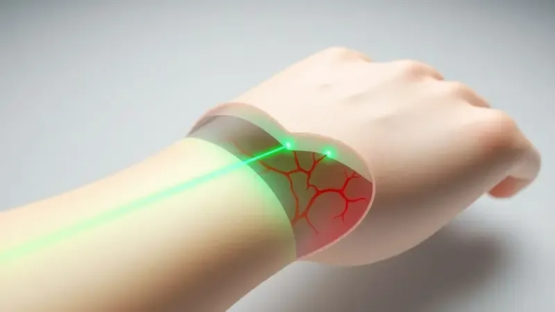 Ilustração 3D do funcionamento da fotopletismografia com LEDs verdes penetrando a pele para detectar batimentos cardíacos