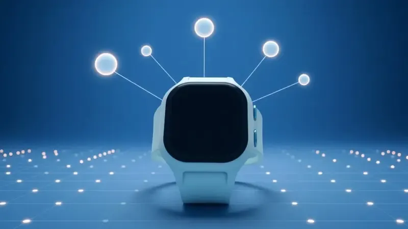 Renderização 3D de smartwatch infantil com linhas de conectividade e satélites geométricos representando funções de GPS e localização.