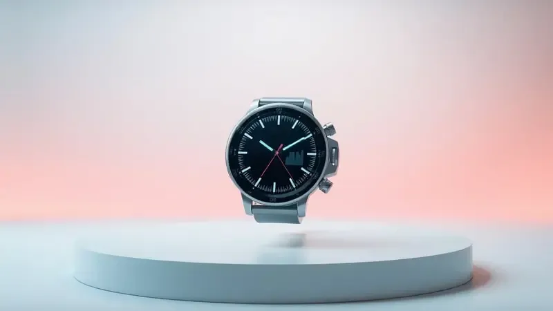 Render 3D de smartwatch exibindo métricas abstratas de saúde com anéis holográficos e gráficos luminosos